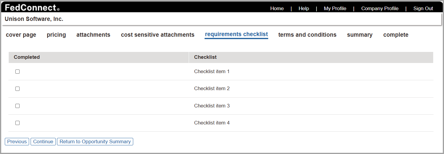 Requirements Checklist Page